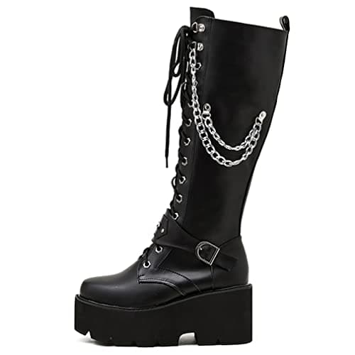 Parisuit Women's Gothic Knee High Lace-Up Buckle Boots Chunky Heel