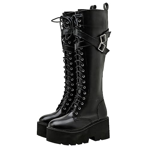 Parisuit Women's Gothic Knee High Lace-Up Buckle Boots Chunky Heel