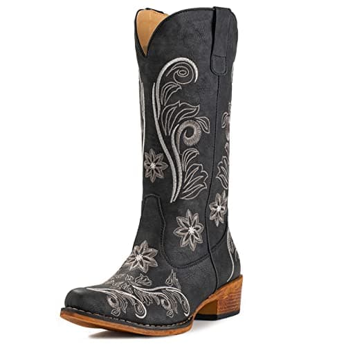 IUV Women's Mid Calf Cowboy Boots with Embroidery and Pull-On Tabs