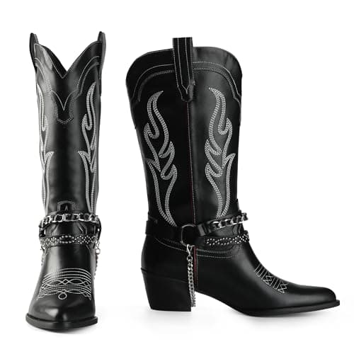 Faux Leather Cowboy Boots for Women with Chain & Embroidery
