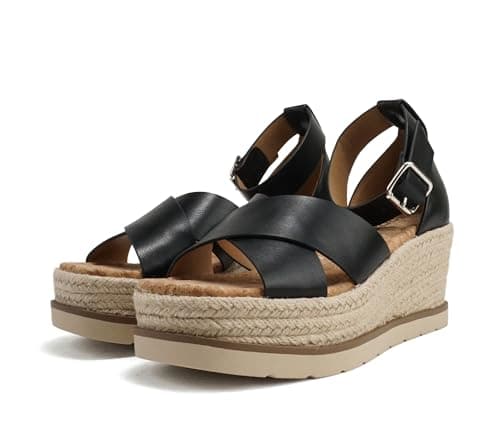 Fabian Women's Square Toe Platform Espadrille Wedge Sandals with Adjustable Ankle Strap