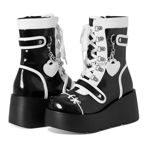 UOQAPRE Women's High Heel Combat Boots Square Toe Lace-Up Ankle Booties