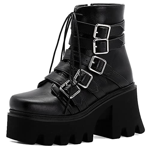 Mikarka Zipper Studded Goth Platform Combat Ankle Boots for Women Mid Chunky Block Heel Motorcyclist Boots