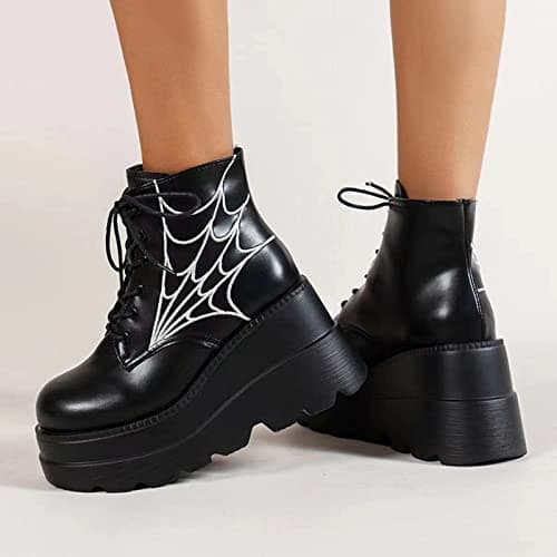 Women's Black Holographic Combat Chunky Heel Ankle Boots for Goth Style