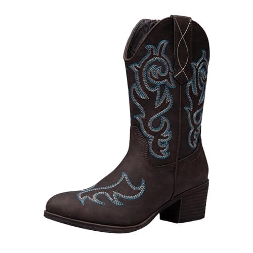 Vepose Women's Cowboy Mid Calf Embroidered Boot with Zipper