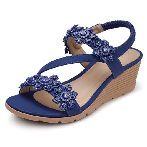SHIBEVER Women's Comfortable Floral Open Toe Wedge Sandals