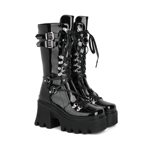 Gothniero Women's Black Knee High Platform Boots Size 5.5-11