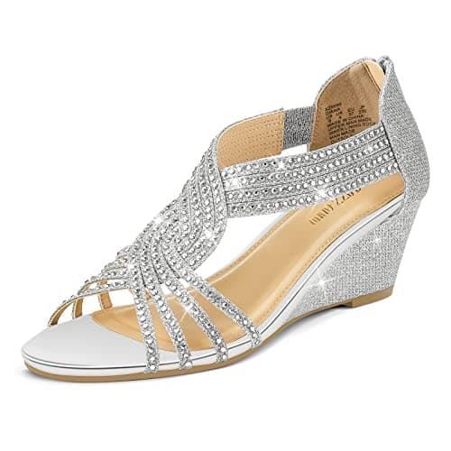 PIZZ ANNU Women's Sparkly Rhinestone Open-Toe Low Wedge Sandals for Bridal Dance Evening