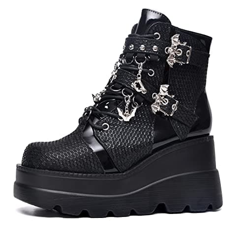 Gothniero Women's Black Holographic Combat Ankle Boots with Chunky Heel and Side Zip (US 5.5-11)