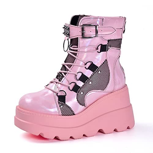 Gothniero Women's Black Holographic Combat Ankle Boots with Chunky Heel and Side Zip (US 5.5-11)