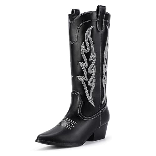 IDIFU IN2 Women's Cowboy and Cowgirl Boots with Embroidery - Mid Calf, Chunky Low Heel, Pointed Toe, Perfect for Fashion and Weddings