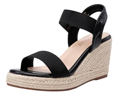 Jeossy Women's Comfortable Black Elastic Ankle Strap Wedge Sandals