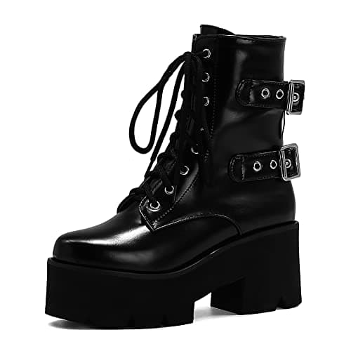 Mikarka Women's Black Chunky Heel Combat Booties