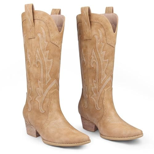 Zzheels Women's Mid-calf Embroidered Cowboy Boots Chunky Heels