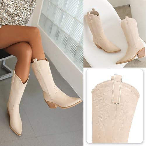Reitoye Women's Embroidered Western Cowboy Mid Calf Boot with Chunky Heel
