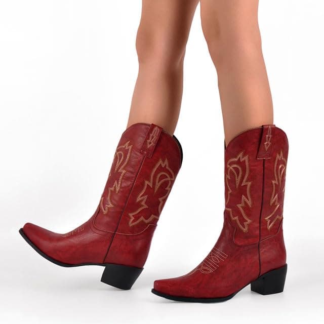 Red Yolkomo Western Cowgirl Boots, Pointed Toe Mid Calf Knee High