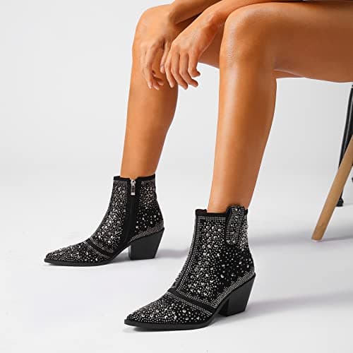 Sparkly Rhinestone Cowboy Ankle Boots with Pointed Toe and Chunky Heel by ISNOM