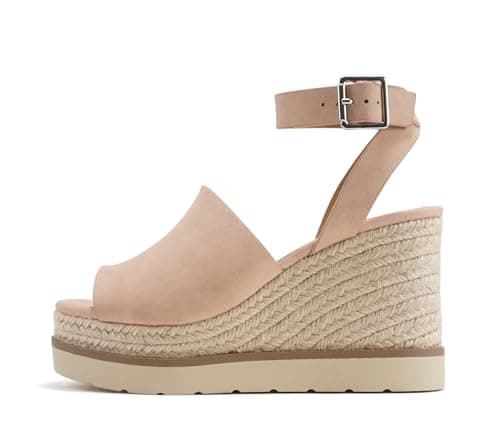 Stella Women's Square Peep Toe Platform Espadrille Wedge Sandals with Ankle Strap