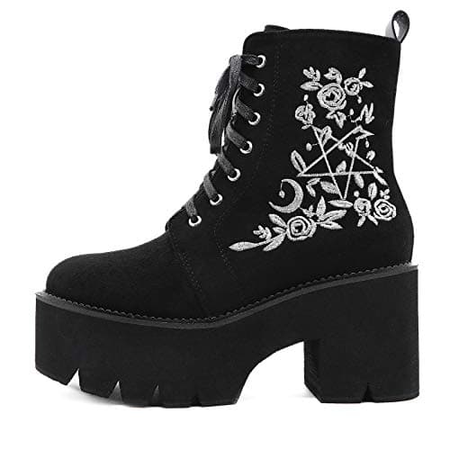 YIYA Women's Black Gothic Platform Ankle Boots with Bat Wing Buckles