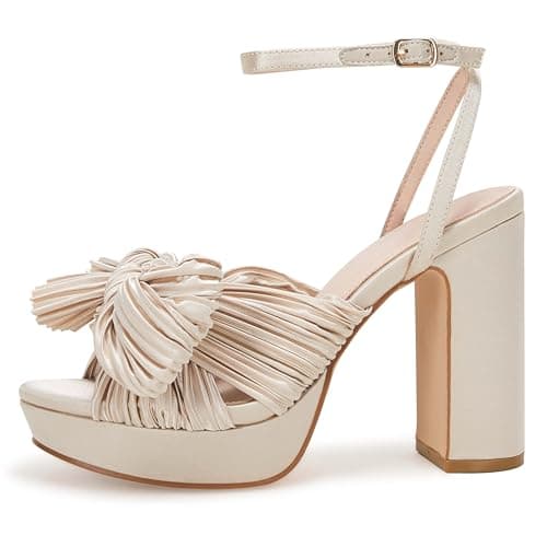 VETASTE Women's Pleated Bow Knot Platform Bridal Heeled Sandals