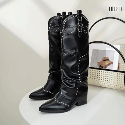 IDIFU IN2 Fold Over Cowboy Boots - Women's Western Embroidered Knee High Heel
