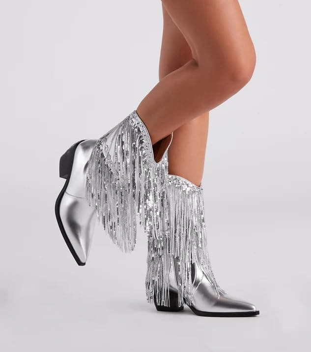 BIUBAKUA Women's Metallic Cowboy Boots with Tassels