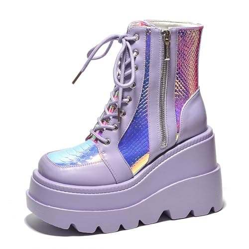 Cape Robbin Radio Holographic Platform Ankle Boots with Chunky Block Heels for Women + Holographic Design + Chunky Block Heels + Comfortable Walking + Women's Ankle Boots + Chunky Heels Ankle Boots + Trendy Holographic Ankle Boots