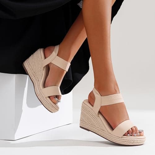 Jeossy Women's Comfortable Black Espadrille Wedge Sandals with Elastic Ankle Strap