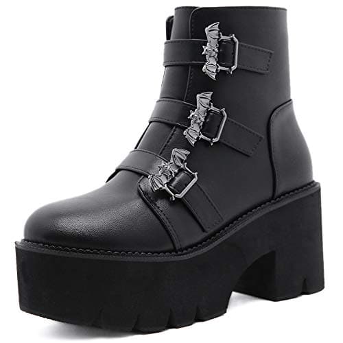 YIYA Women's Black Gothic Platform Ankle Boots with Bat Wing Buckles