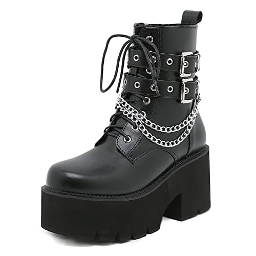 mikarka Women's Studded Black Chunky Heel Combat Ankle Boots