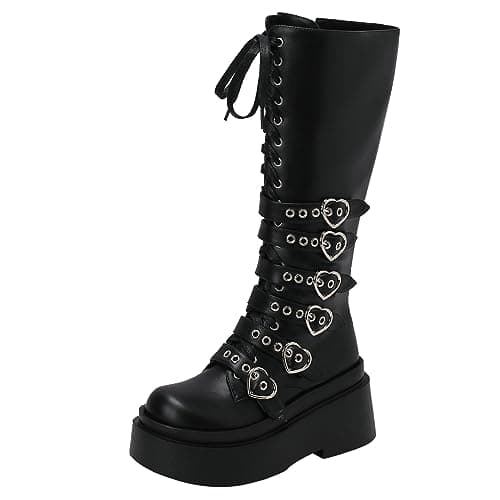 Parisuit Women's Gothic Knee High Lace-Up Buckle Boots Chunky Heel