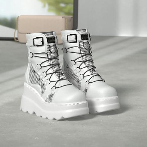 Tscoyuki Women's Chunky High Heel Ankle Boots - Goth Lace-Up Combat Wedges