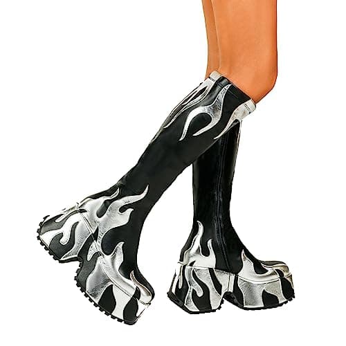 HiColor Women's High Heeled Flames Printing Chunky Sole Tall Boot