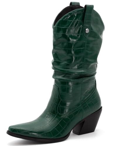 MISSMILLER Women's Embroidered Cowboy Boots with Chunky Heel Mid Calf