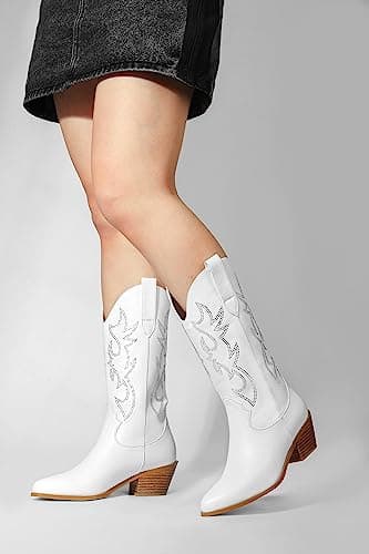 Ouepiano Women's Western Cowgirl Embroidered Boots, Mid Calf Pointed Toe Chunky Heel Pull-On Boots for Ladies
