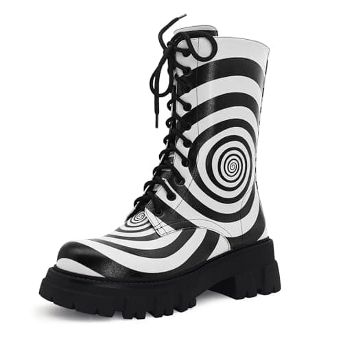 RKQ Women's Zebra Combat Boots - Chunky Heel & Lace-Up Mid-Calf Lug Sole