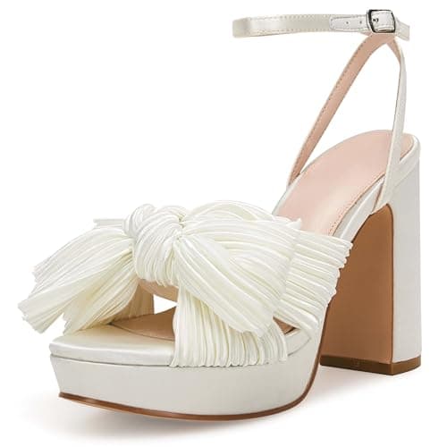 VETASTE Women's Pleated Bow Knot Platform Bridal Heeled Sandals