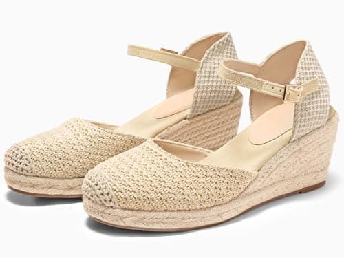 Coutgo Women's Raffia Platform Wedge Sandals with Ankle Buckle Strap