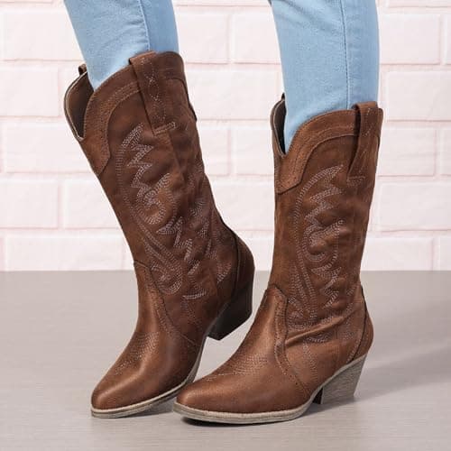 Red Embroidered Western Pointy Toe Booties for Women US5-11