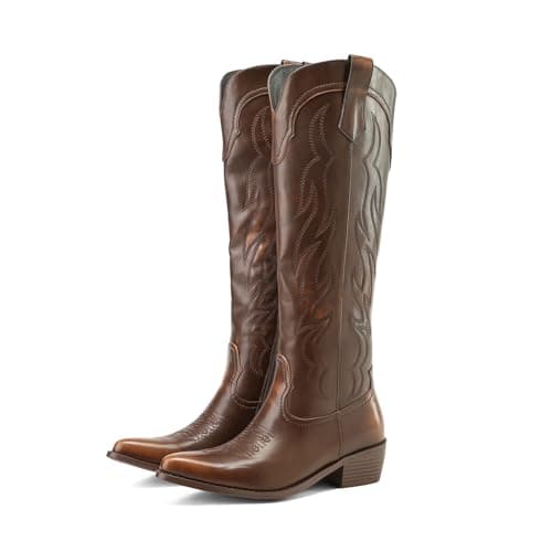 Eurouram Women's Knee High Cowboy Boots - Embroidered Pointed Toe, Wide Calf Heel