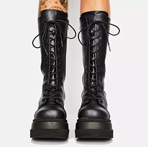 UOQAPRE Women's Winter Punk Chunky Mid-Calf Booties Heel Side Zip Rounds Toe