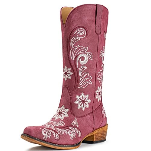 IUV Women's Mid Calf Cowboy Boots with Embroidery and Pull-On Tabs