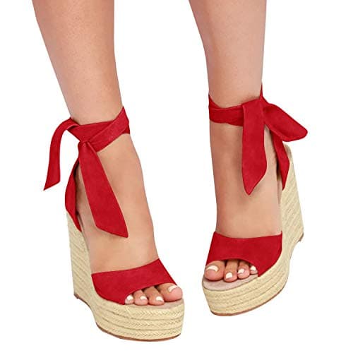 Fashare Women's Open Toe Wedge Heels Sandals with Tie Lace-Up Ankle Strap