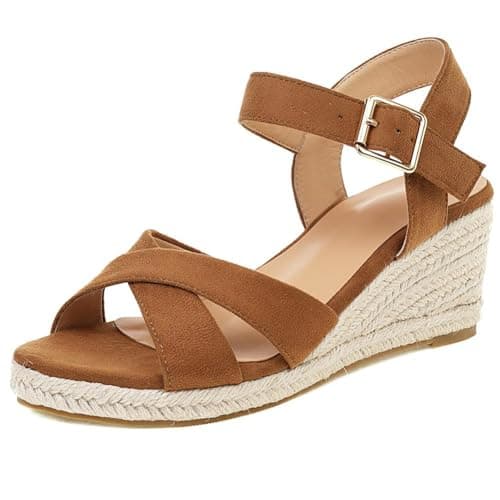 DREAMCIA Women's Wedge Espadrille Platform Sandals Open Toe Buckle Dress ShoesSummer