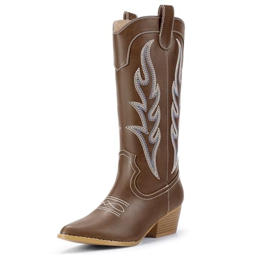 IDIFU IN2 Women's Cowboy and Cowgirl Boots with Embroidery - Mid Calf, Chunky Low Heel, Pointed Toe, Perfect for Fashion and Weddings