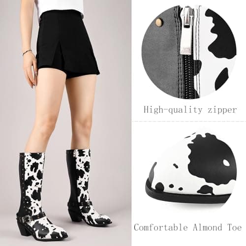 Cozivwaiy Women's Studded Cow Print Mid Calf Buckle Boots Chunky Heel Zipper
