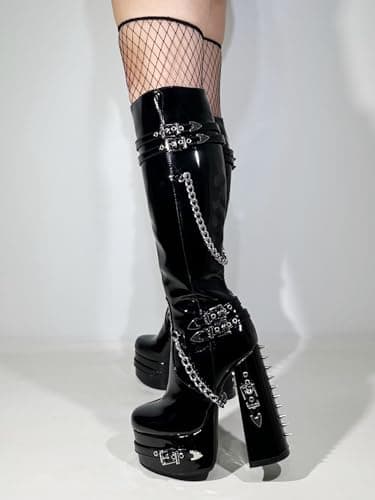 Frankie Hsu Black Patent Gothic Chunky Platform Heeled Boots Silver Chain Rivets