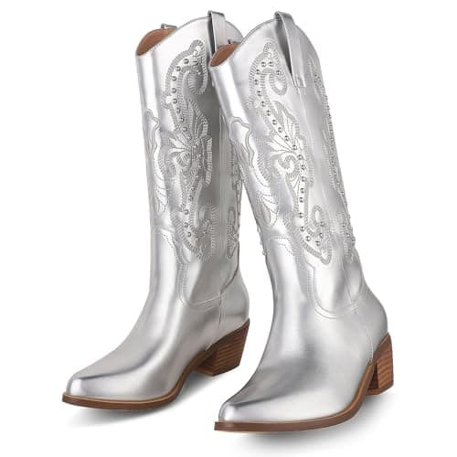 Women's Western Cowgirl Boots: Embroidered Pointy Toe Chunky Heel Knee-High Boots