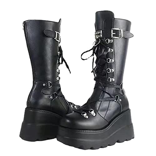UOQAPRE Women's Winter Punk Chunky Mid-Calf Booties Heel Side Zip Rounds Toe
