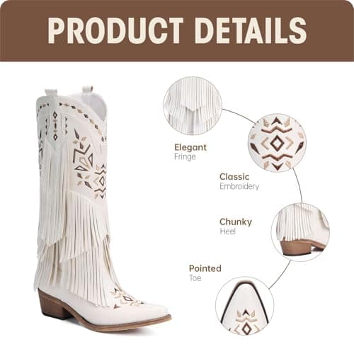 Bybmorto Women's Fringe Knee High Cowboy Boots with Classic Embroidery